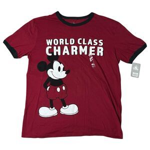 Disney Mickey Mouse Red World Class Charmer Graphic Ringer T Shirt Womens L